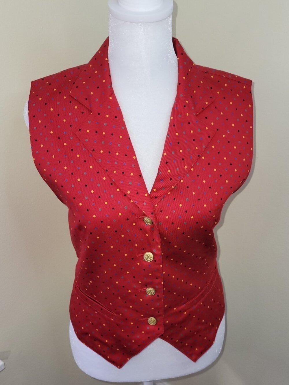 Lizsport Vintage Red Multicolored Dot Vest Collared With Gold Buttons Size 4P - Picture 2 of 11